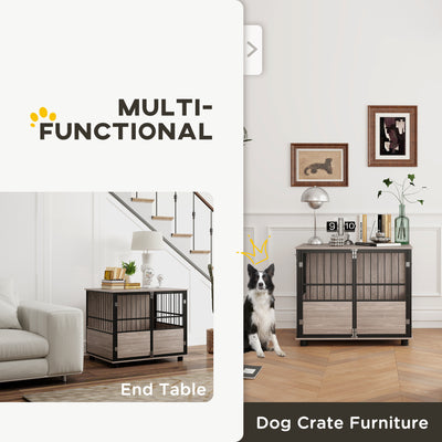 PawHut 80cm Furniture Style Dog Crate Dog Cage End Table Indoor with 3 Doors Soft Washable Cushion, for Medium Sized Dogs 