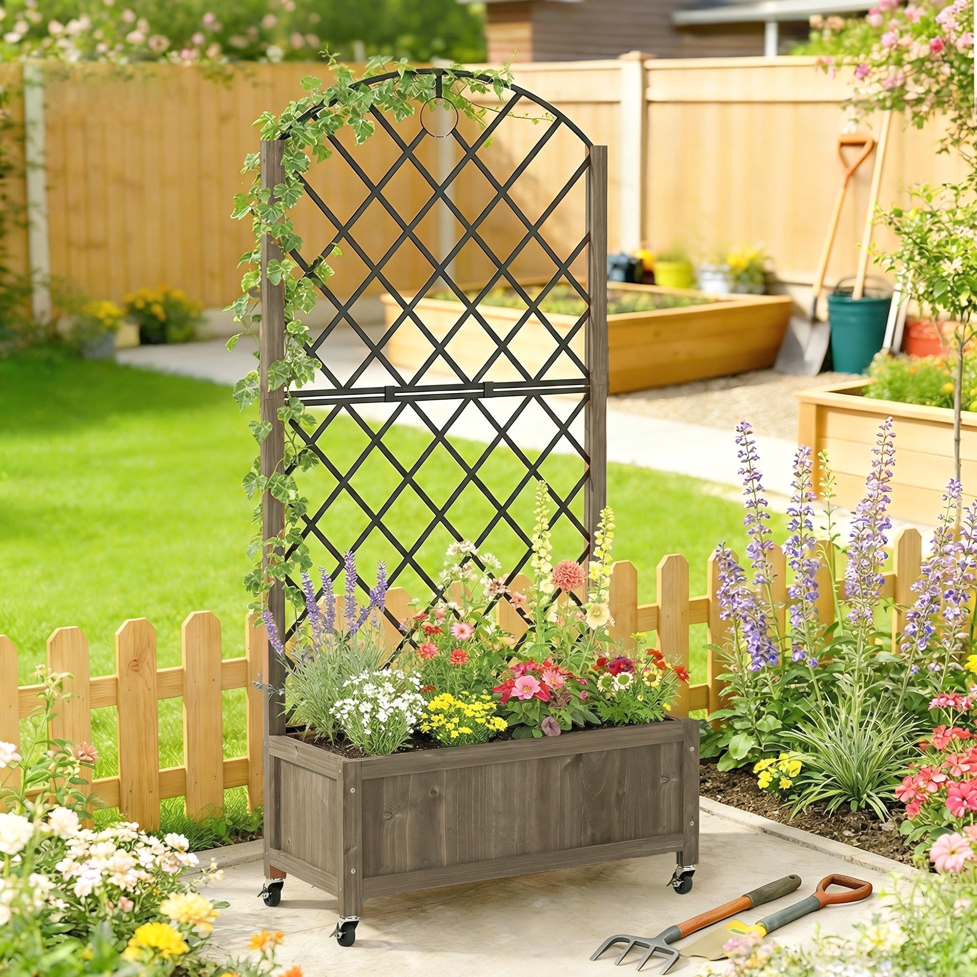 Outsunny Raised Garden Bed with Metal Trellis, Wooden Elevated Planter Box w/Lockable Wheels, Outdoor Raised Planter, Carbonised 