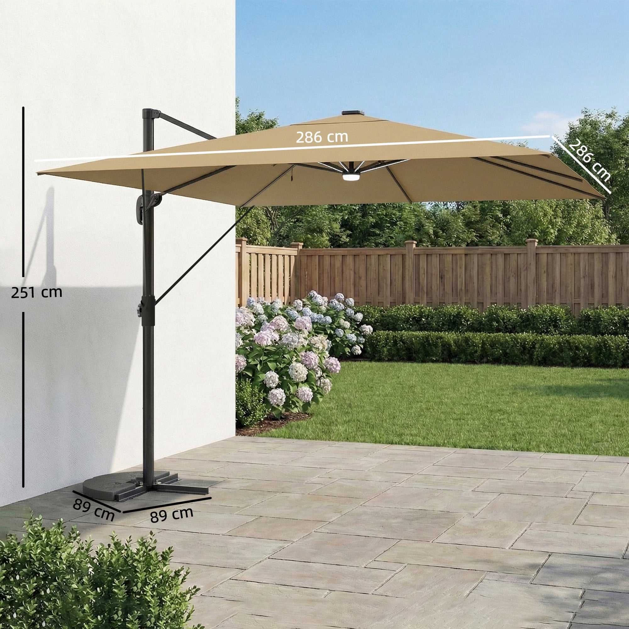 Outsunny 3 x 3 m Garden Cantilever Parasol with Light, Cover, Overhanging Umbrella w/ Wind Protection, 360° Rotation, Khaki 