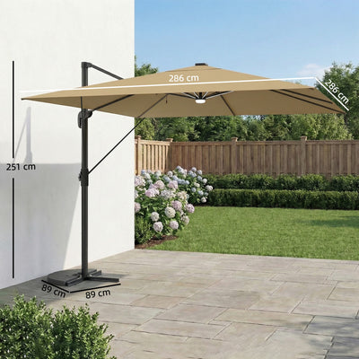 Outsunny 3 x 3 m Garden Cantilever Parasol with Light, Cover, Overhanging Umbrella w/ Wind Protection, 360° Rotation, Khaki 
