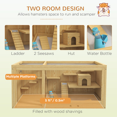 PawHut Wooden Hamster Cage with Water Bottle, Platforms, Openable Roof, Sliding Tray, Hut, Seesaws, Natural Wood Finish 