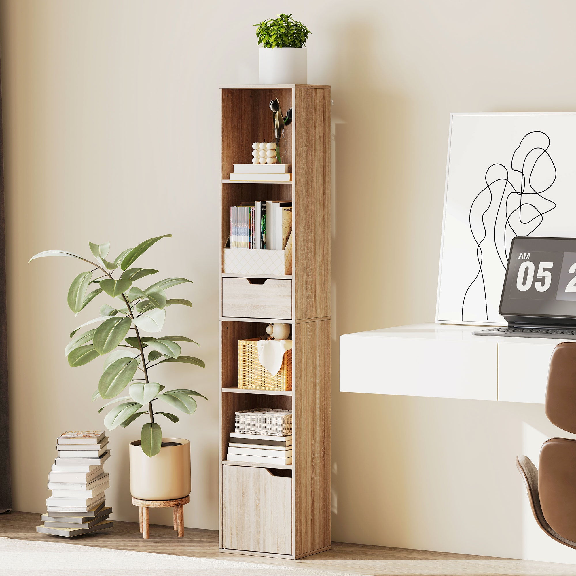 HOMCOM 6-Tier Bookcase, Tall Narrow Bookshelf with Drawer and Door - Natural Wood Finish 