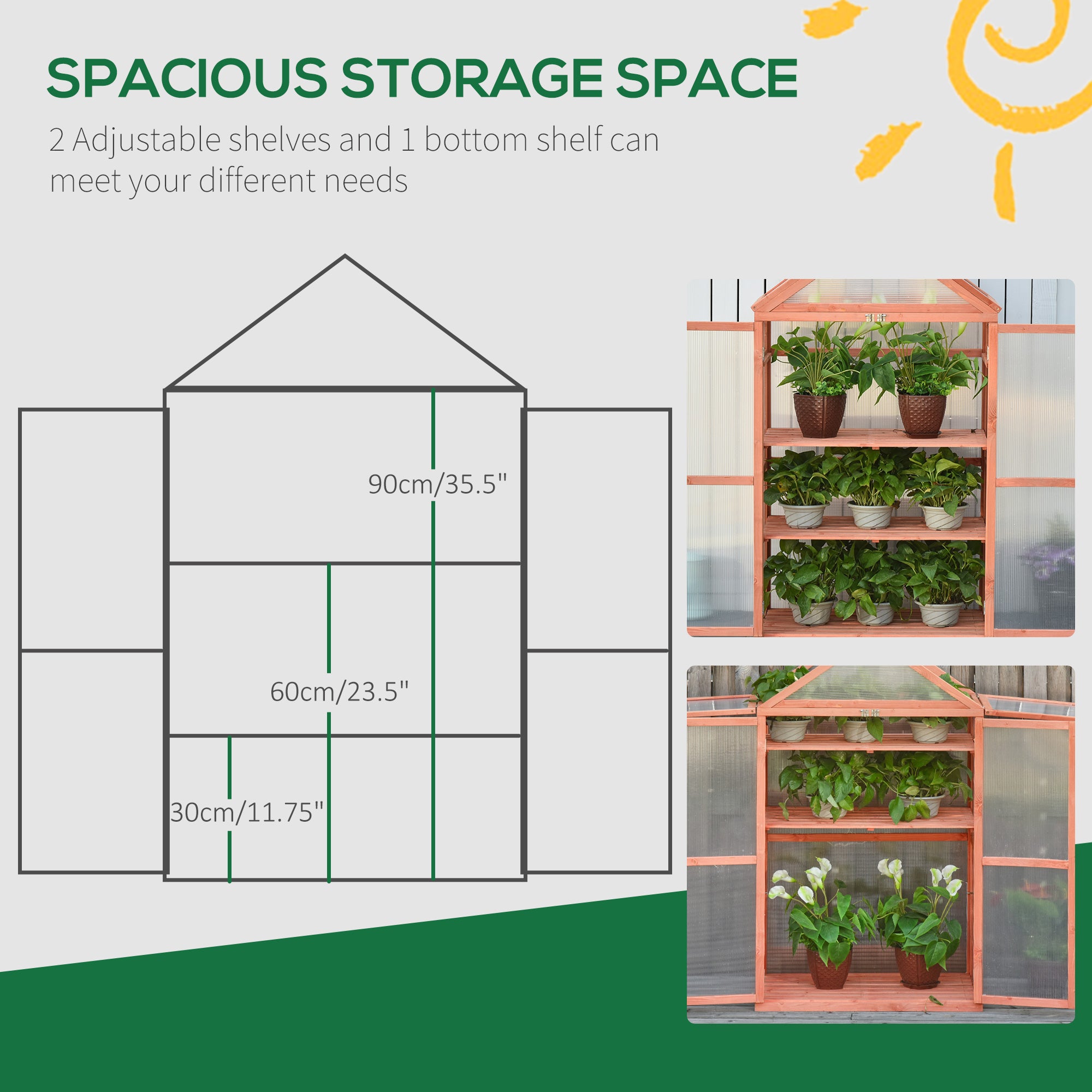 Outsunny Garden Cold Frame Polycarbonate Greenhouse with Adjustable Shelves, Double Doors, Openable Top Covers, Grow House for Flower Vegetable Plants, 80 x 47 x 138cm, Orange 
