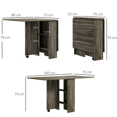 HOMCOM Folding Dining Table, Drop Leaf Table with 2-Tier Shelves, Rolling Casters, for Small Spaces, Kitchen, Grey 