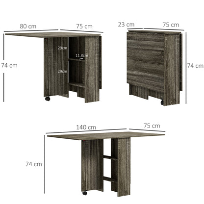 HOMCOM Folding Dining Table, Drop Leaf Table with 2-Tier Shelves, Rolling Casters, for Small Spaces, Kitchen, Grey