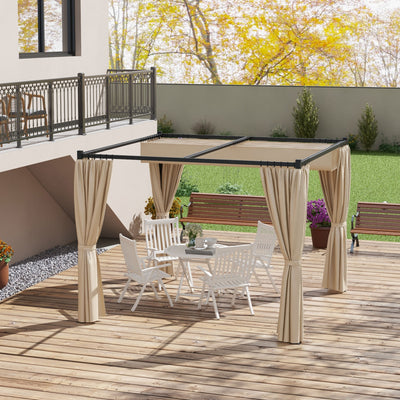 Outsunny 3 x 3(m) Retractable Pergola, Garden Gazebo Shelter with Curtains, for Grill, Patio, Deck, Beige 