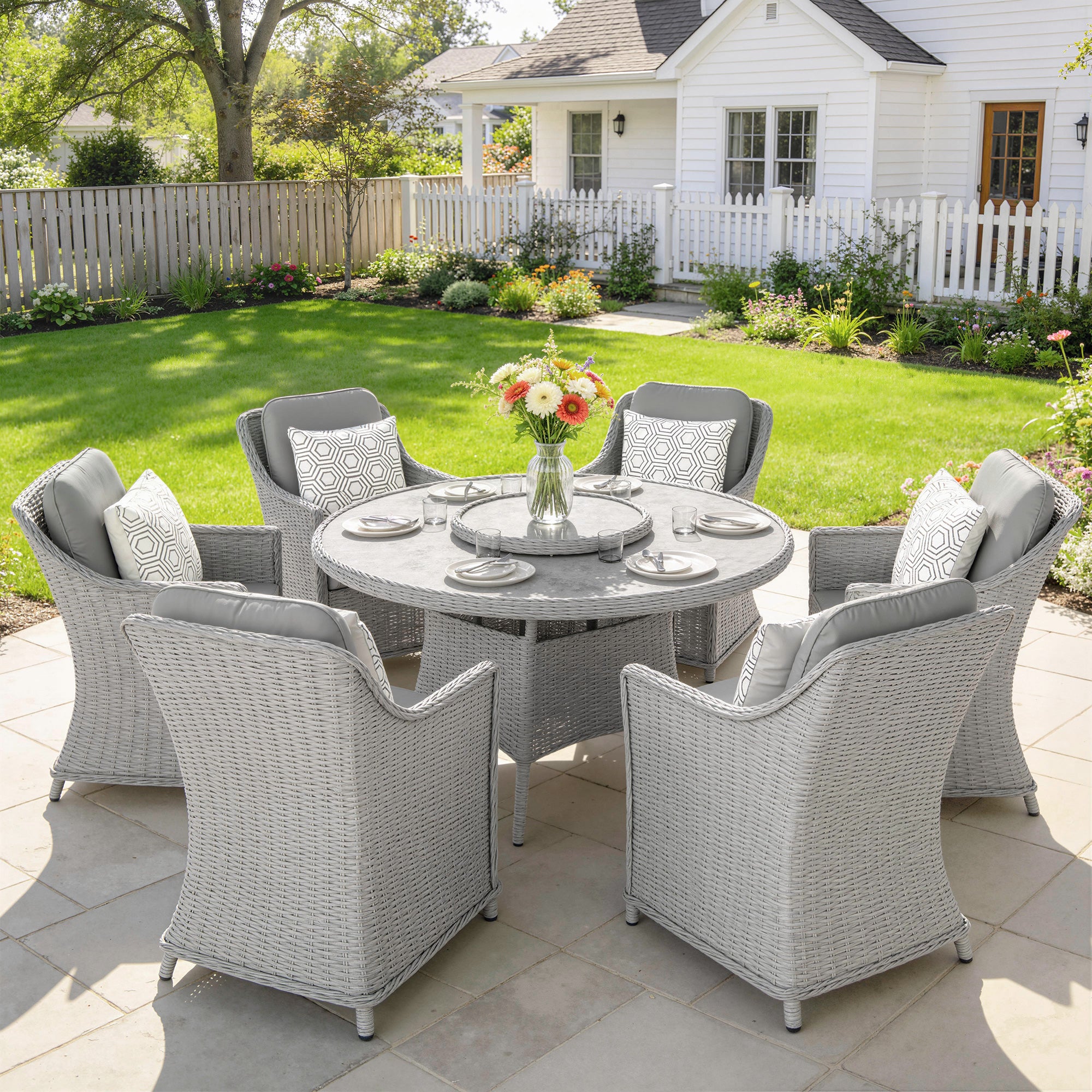 Outsunny Rattan Garden Dining Set with Turntable, Marble Effect Glass Round Garden Table and Chairs with Aluminium Frame, Grey 