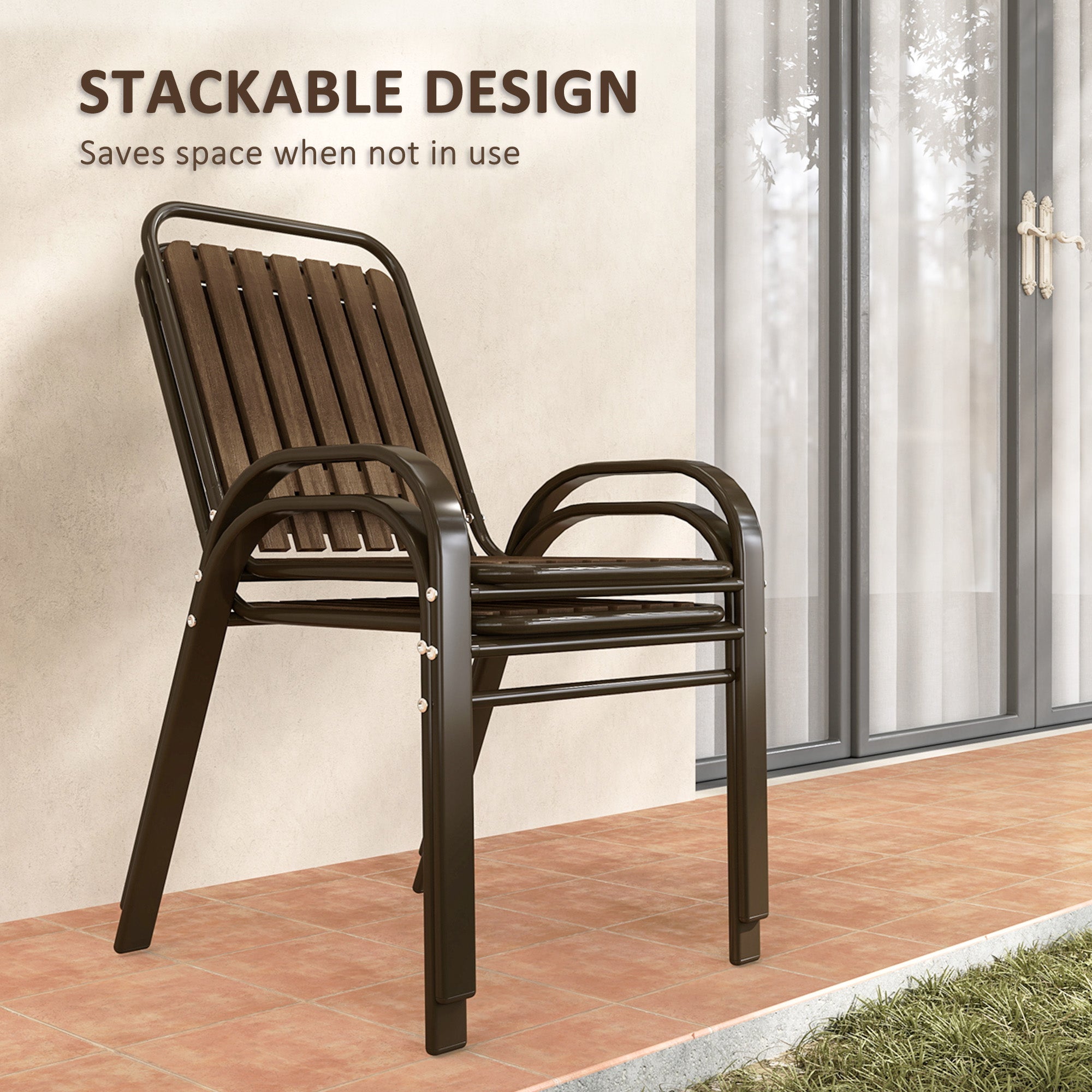 Outsunny 3 Pieces Patio Bistro Set with Stackable Chairs, Tempered Glass Table, for Outdoor, Balcony, Patio, Garden, Dark Brown 