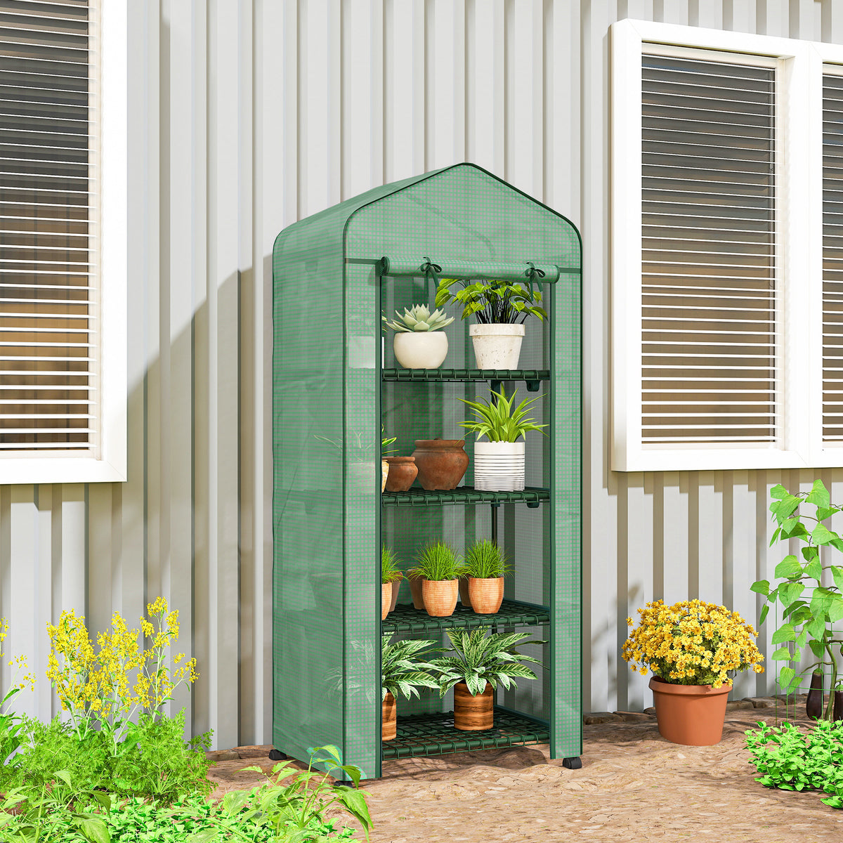 Outsunny 4 Tier Mini Portable Greenhouse Compact Plant Grow Shed Metal Frame PE Cover with Lockable Rolling Wheels , Green
