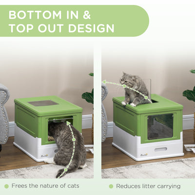 PawHut Hooded Cat Litter Box, Portable Pet Toilet, with Scoop, Front Entry - Light Green 