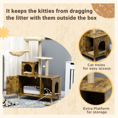 PawHut Cat Litter Box Enclosure, with Tree Tower, Cat House, Hammock, Cushion - Rustic Brown 