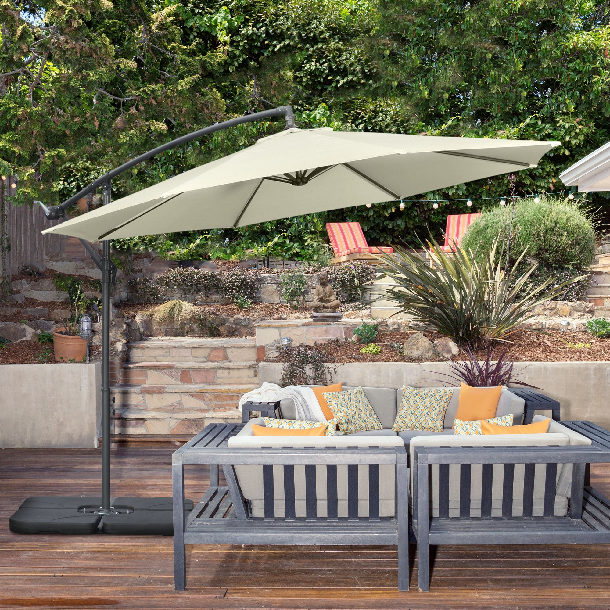 Outsunny 3(m) Garden Parasol Sun Shade Banana Umbrella Cantilever with Crank Handle, Cross Base Beige 
