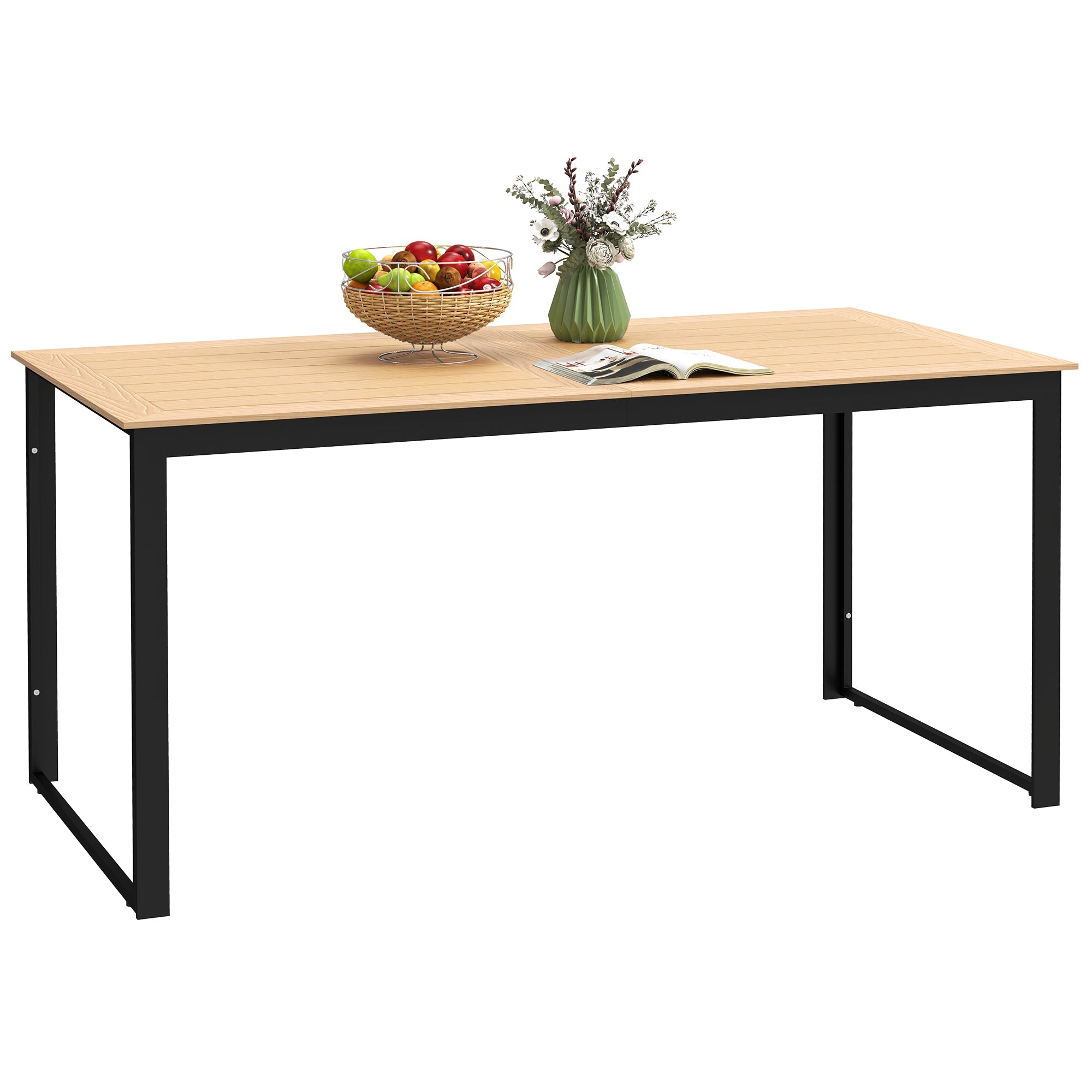 Outsunny Garden Table for 6 People, 160 x 80 x 75 cm Rectangle Outdoor Dining Table with Slatted Table Top, Metal Frame, for Balcony, Deck, Teak 