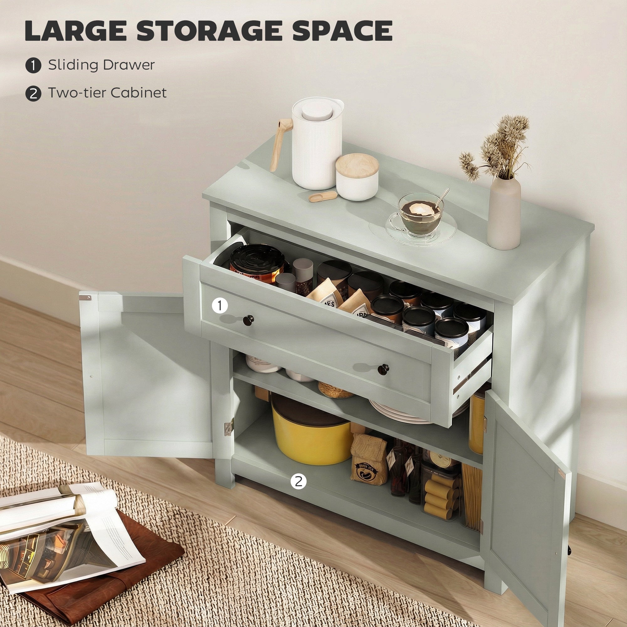 HOMCOM Sideboard Storage Cabinet, Modern Kitchen Cupboard with Adjustable Shelf, Drawer and Double Doors, Green 