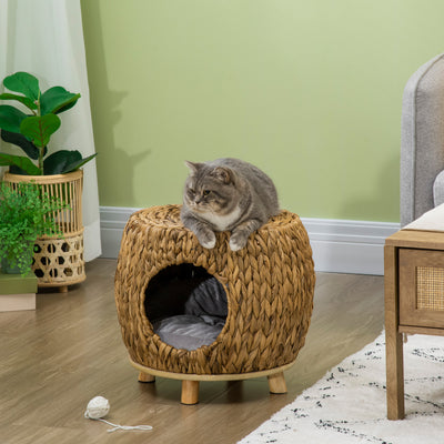 PawHut Wicker Cat Bed Cat House Stool with Washable Cushion, 44 x 43 x 41cm 