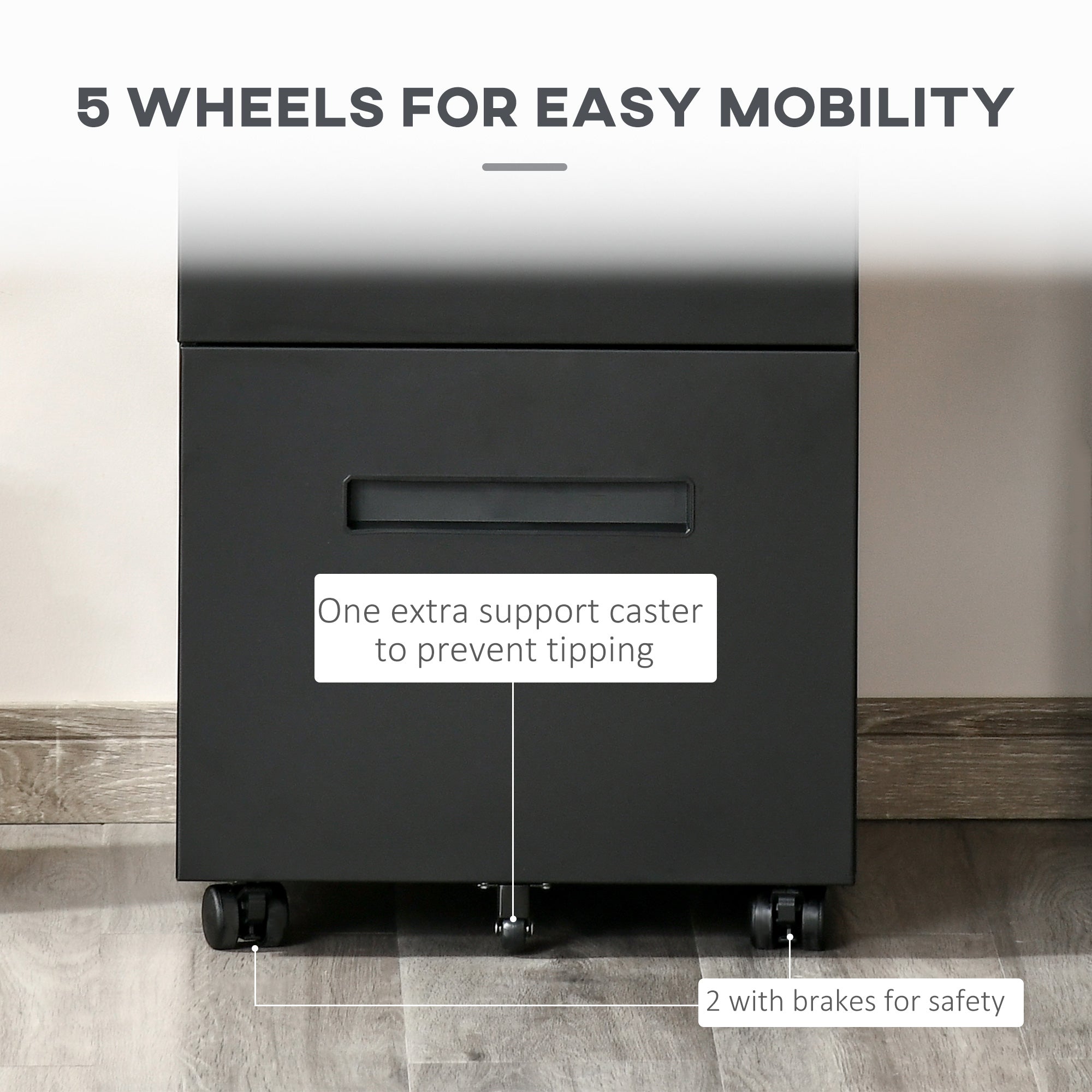 Vinsetto Metal Mobile File Cabinet with Wheels, Lockable 2 Drawer Filing Cabinet for A4, Legal, Letter, Compact Under Desk Storage Unit with Pre-Assembled Body for Home Office, 39 x 48 x 67cm, Black 