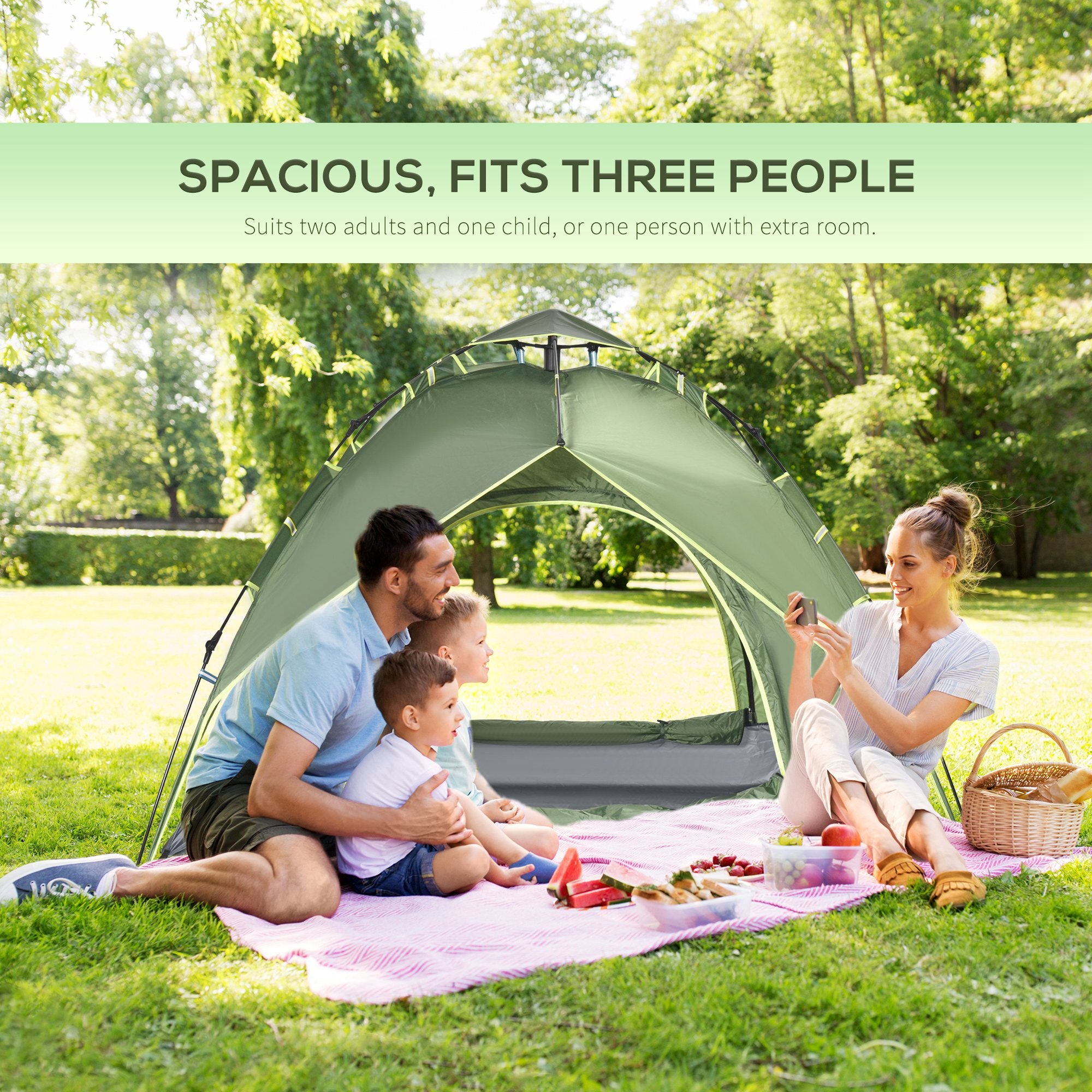 Outsunny 3 Man Camping Tent Automatic Pop Up Tent Portable Double Layer for Festival Hiking Family Travel Shelter 