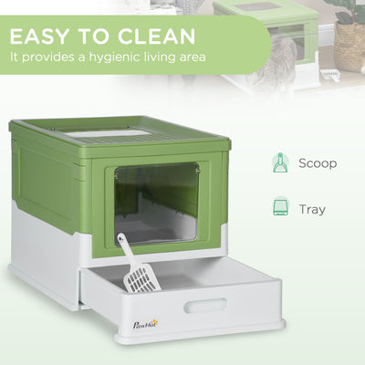 PawHut Hooded Cat Litter Box, Portable Pet Toilet, with Scoop, Front Entry - Light Green 