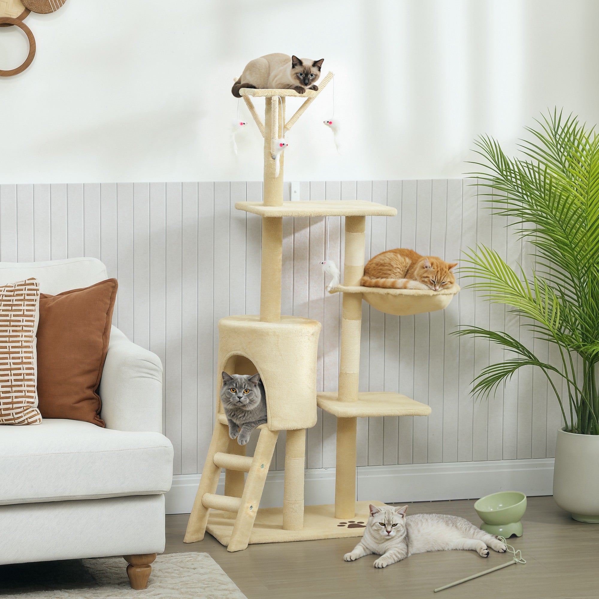PawHut Multi-Level Cat Tower, 134cm Cat Tree with Condo and Sisal Scratching Posts for Indoor Kittens, Beige 