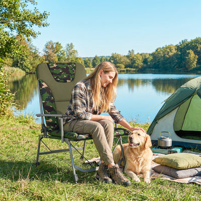 Outsunny Camping Chair Padded Reclining Folding Chair with Wide Armrests for Adults Camouflage 