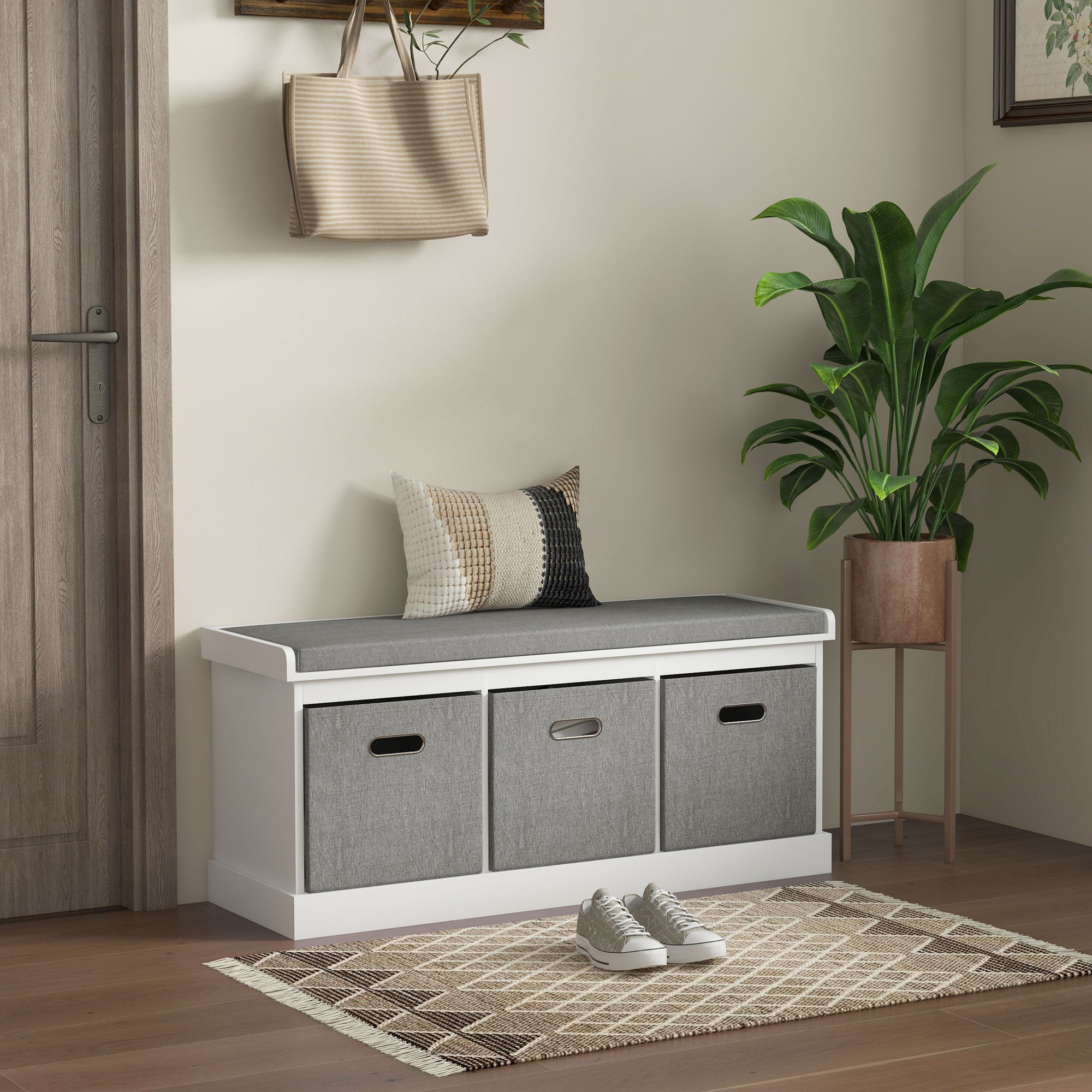 HOMCOM Three-Drawer Shoe Storage Bench, with Padded Top Seat - White 