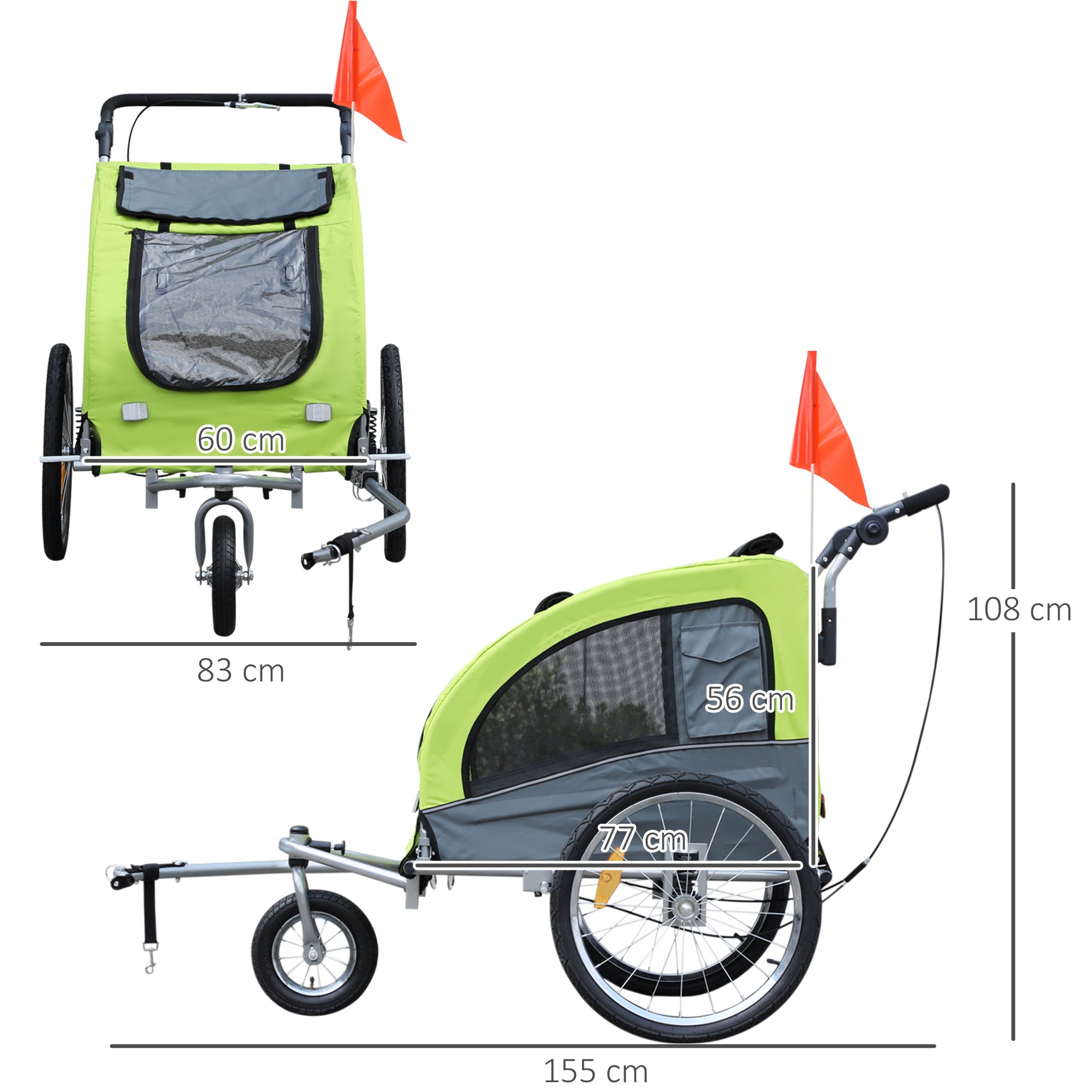PawHut Dog Bike Trailer Pet Stroller Cart Carrier for Bicycle 360° Rotatable with Reflectors 3 Wheels Hitch Coupler Push/ Pull/ Brake Water Resistant Green 
