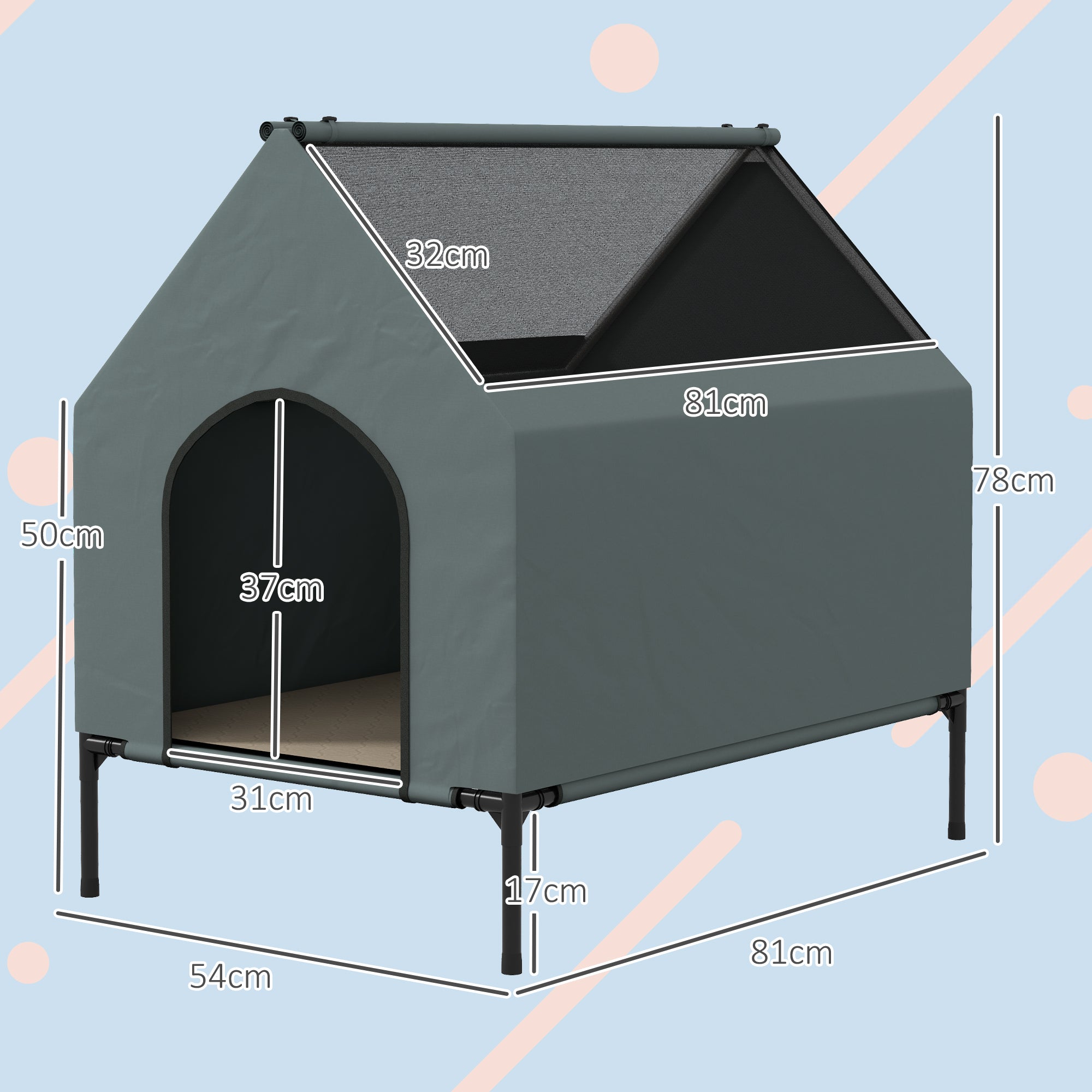 PawHut Dog House Outdoor Elevated Dog Bed with Removable Cover, Mesh Windows, Storage Bag, for S and M-Sized Dogs, Grey 