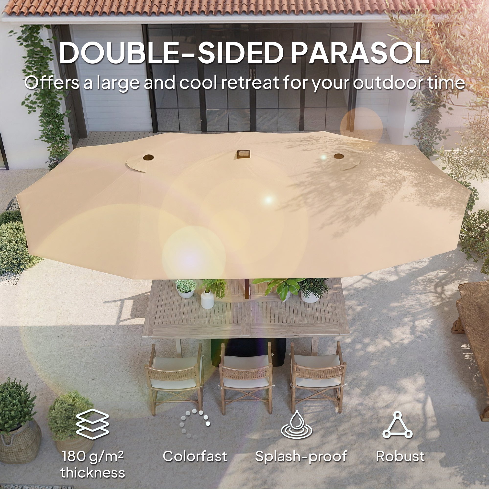 Outsunny Patio Umbrella Double-Sided Outdoor Umbrella with Solar Lights Base, Khaki 