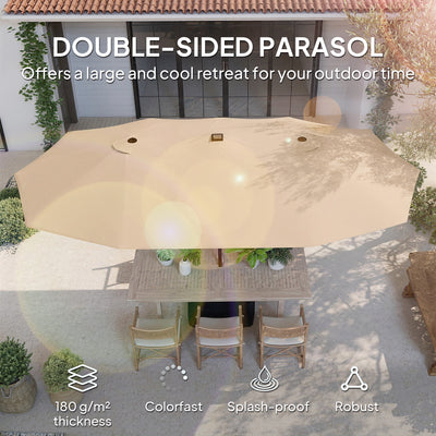 Outsunny Patio Umbrella Double-Sided Outdoor Umbrella with Solar Lights Base, Khaki 