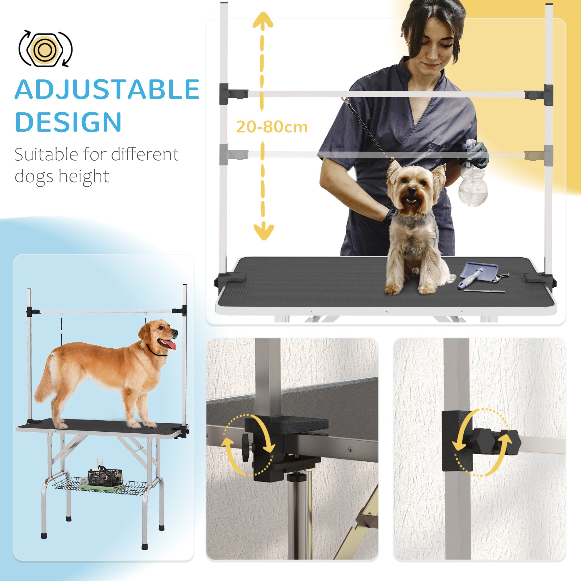 PawHut 42" Dog Grooming Table, Adjustable Pet Cat Drying Beauty Table with 2 Loops Storage Basket, Rubber Top, Black 