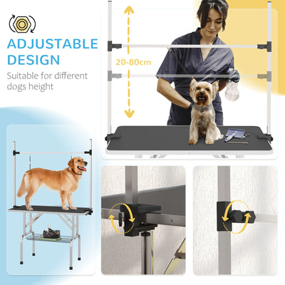 PawHut 42" Dog Grooming Table, Adjustable Pet Cat Drying Beauty Table with 2 Loops Storage Basket, Rubber Top, Black 