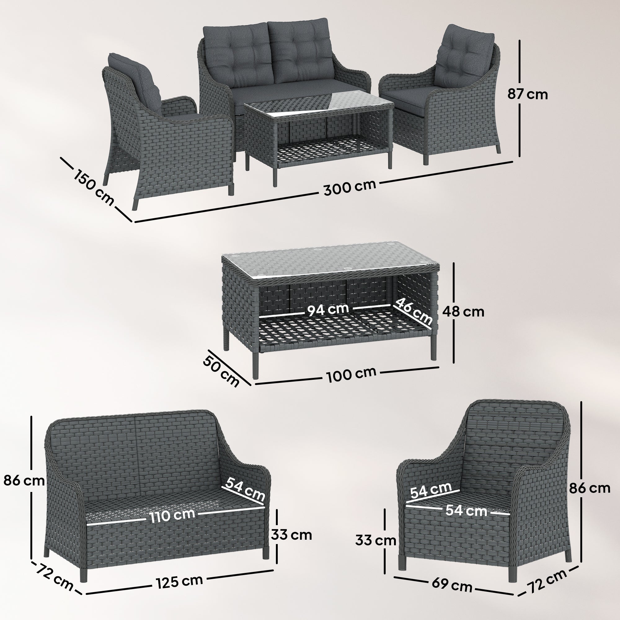 Outsunny 4-Piece Wicker Patio Furniture Set with 2 Armchairs, Loveseat, Glass Coffee Table, Conversation Sofa Set, Dark Grey 