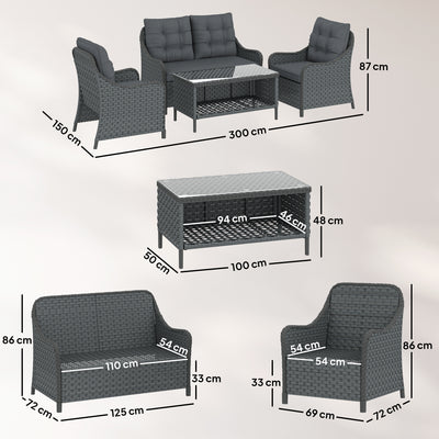 Outsunny 4-Piece Wicker Patio Furniture Set with 2 Armchairs, Loveseat, Glass Coffee Table, Conversation Sofa Set, Dark Grey 