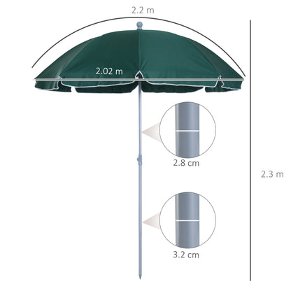 Outsunny 2.2m Beach Umbrella, Portable Parasol with Tilting Function, Outdoor Sunshade Shelter with 8 Ribs, Green 