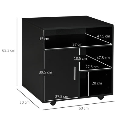 HOMCOM Multi-Storage Printer Stand Unit Office Desk Side Mobile Storage w/ Wheels Modern Style 60L x 50W x 65.5H cm - Black 