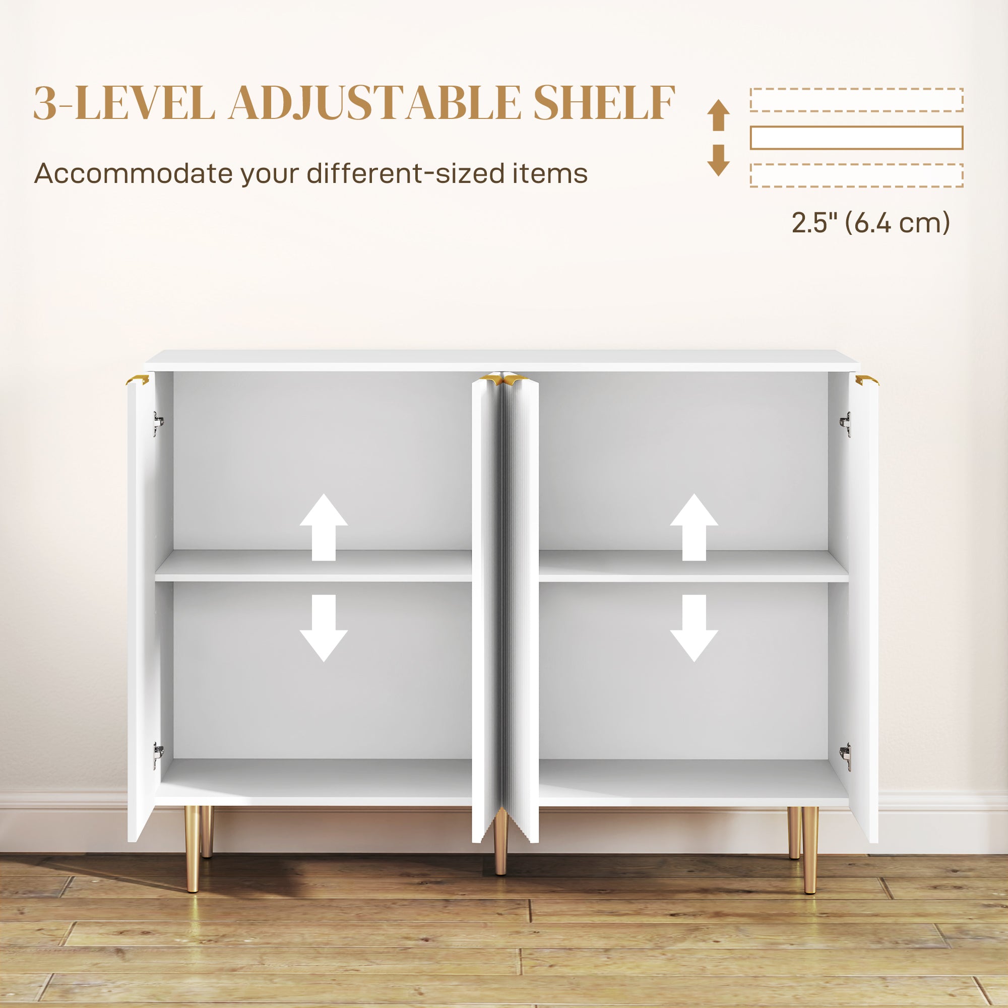 HOMCOM Sideboard Buffet Cabinet, Modern Kitchen Storage Cabinet with 4 Doors and Adjustable Shelves, Living Room Cabinet with Metal Legs for Hallway, White