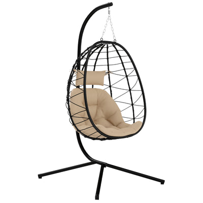 Outsunny Hanging Egg Chair Outdoor Indoor Garden Swing Chair with Folding Basket, Thickened Cushion, Garden Hanging Chair with Stand, Headrest for Patio, Balcony, Khaki 