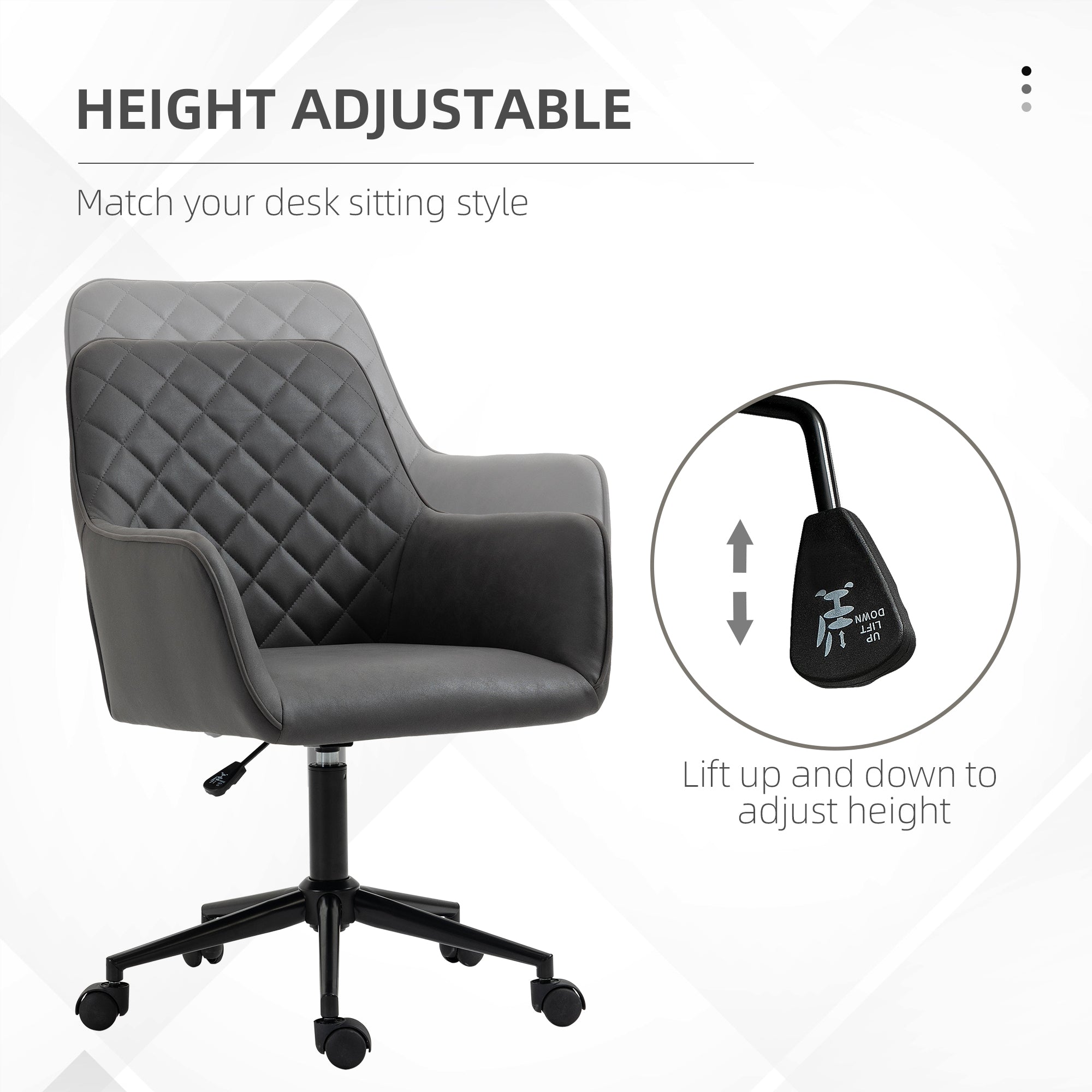 Vinsetto Office Desk Chair, Leather-Feel Fabric Computer Swivel Chair with Rolling Wheels and Adjustable Height for Home, Grey 