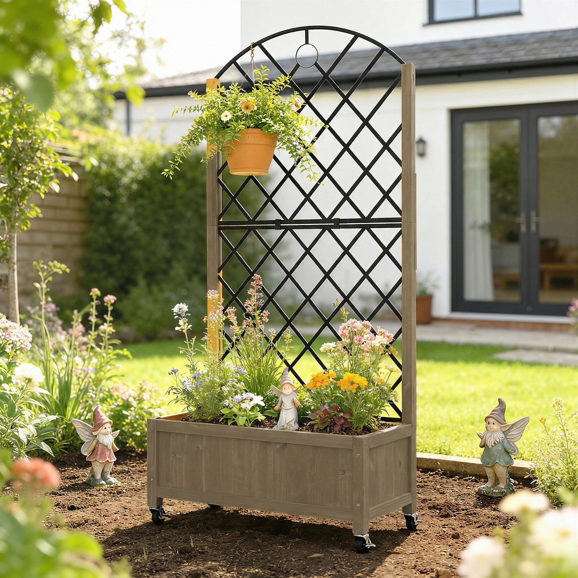 Outsunny Raised Garden Bed with Metal Trellis, Wooden Elevated Planter Box w/Lockable Wheels, Outdoor Raised Planter, Carbonised 