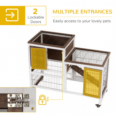 PawHut Two-Tier Rabbit Hutch Pet Cage, with Wheels - Brown 