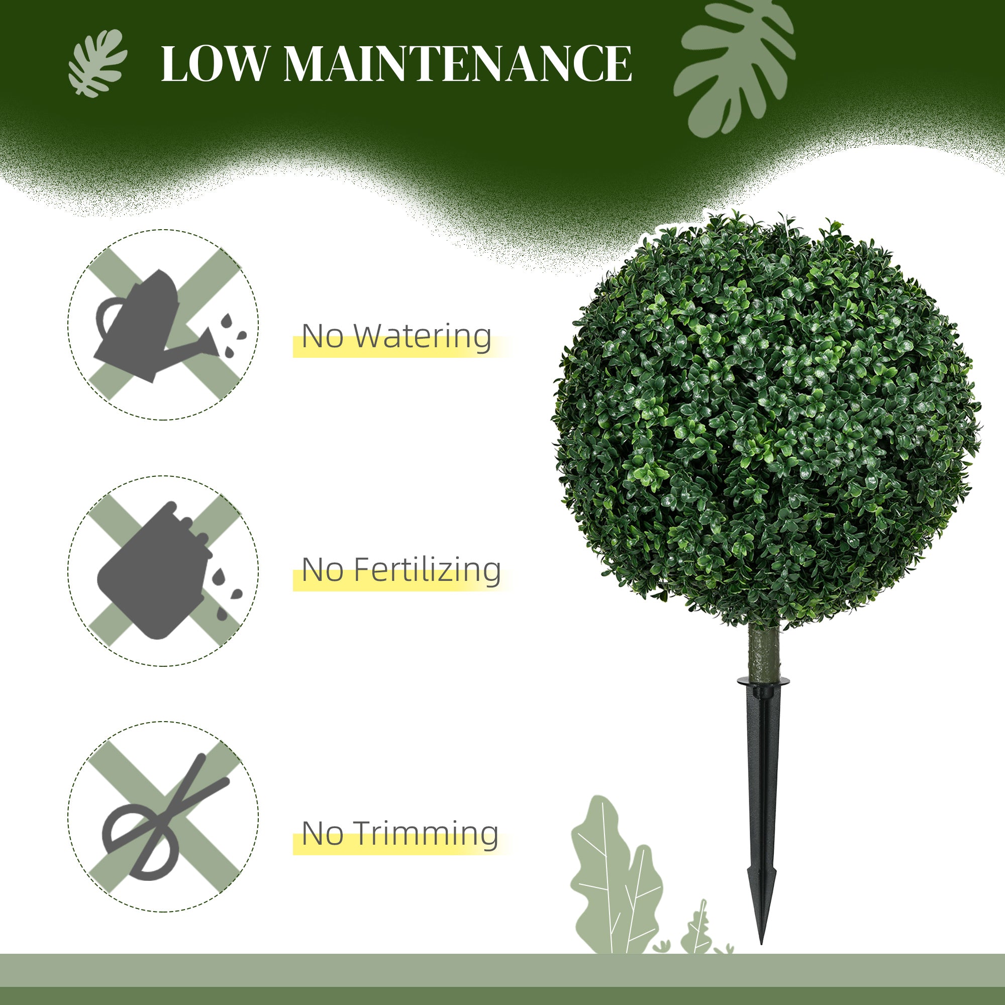 HOMCOM Artificial Boxwood Trees w/ Ground Stake, Set of 2 Ball Shaped Topiary Trees for Home Office & Living Room, UV Resistant 