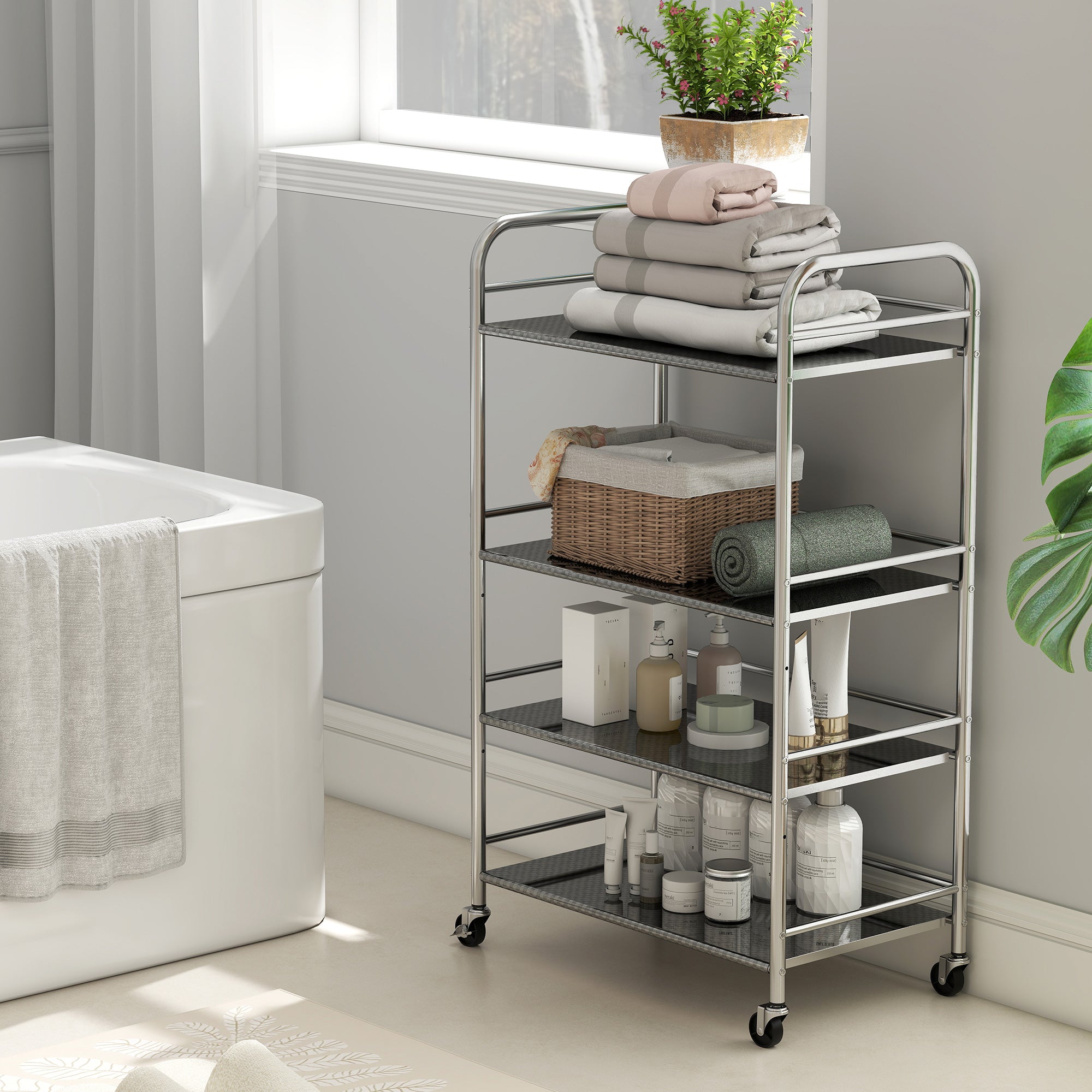 HOMCOM 4 Tier Stainless Steel Kitchen Storage Trolley with Adjustable Shelves - Silver 