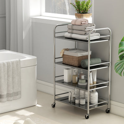 HOMCOM 4 Tier Stainless Steel Kitchen Storage Trolley with Adjustable Shelves - Silver 