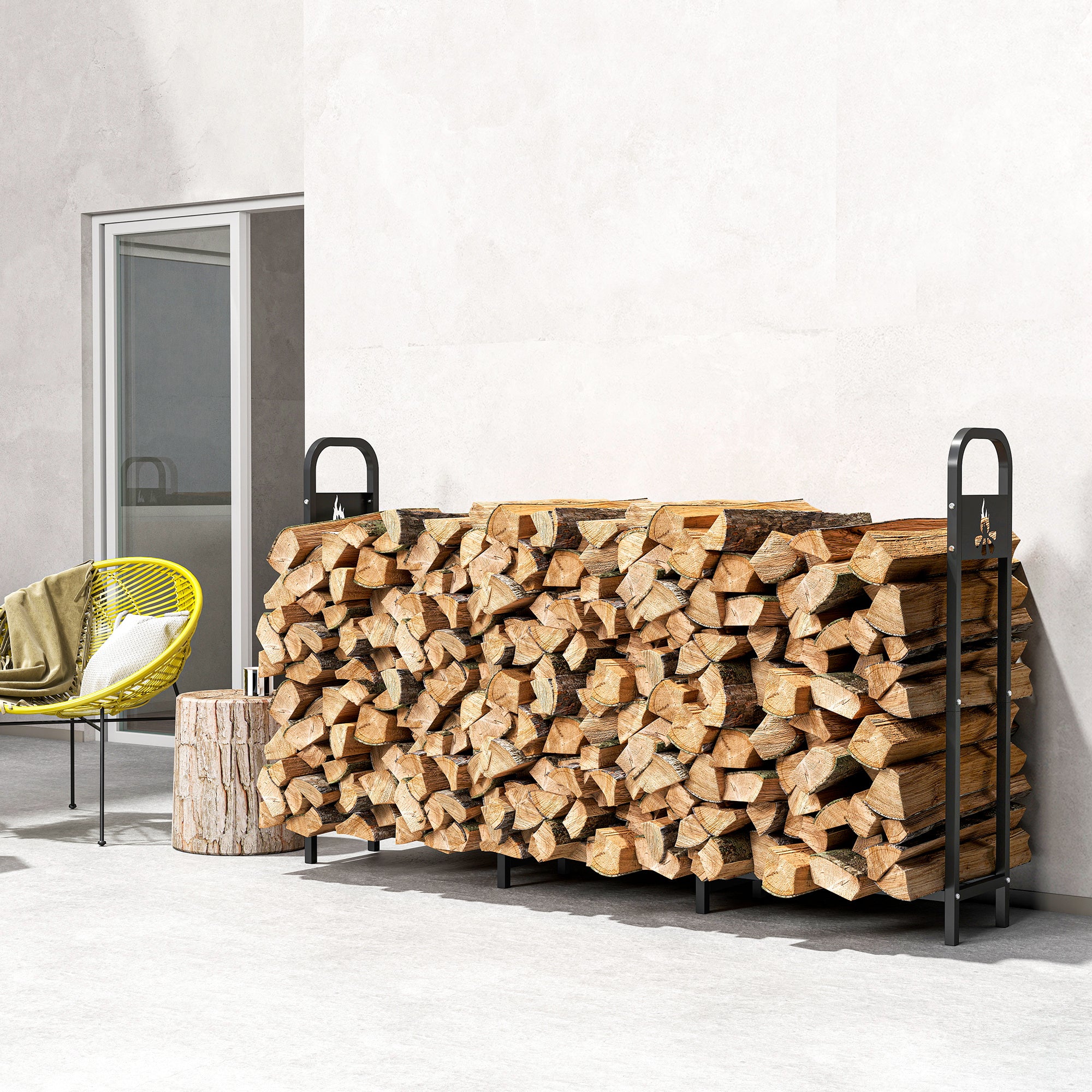 Outsunny 6.5 FT Steel Firewood Log Rack with 300 kg Capacity, Heavy Duty Indoor Outdoor Fireplace Wood Storage Shelf, Log Holder/Stand with Extra Support Legs, Decorative Bonfire Pattern, Black 