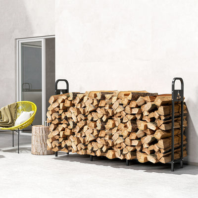 Outsunny 6.5 FT Steel Firewood Log Rack with 300 kg Capacity, Heavy Duty Indoor Outdoor Fireplace Wood Storage Shelf, Log Holder/Stand with Extra Support Legs, Decorative Bonfire Pattern, Black 