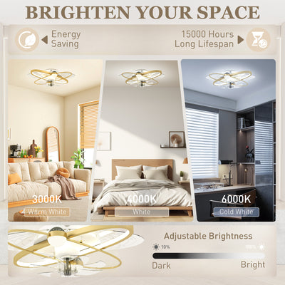 HOMCOM Ceiling Fan with Light and Remote, 3 Colour Temperatures, LED Mount Ceiling Fan Light for Bedroom, Gold Tone 