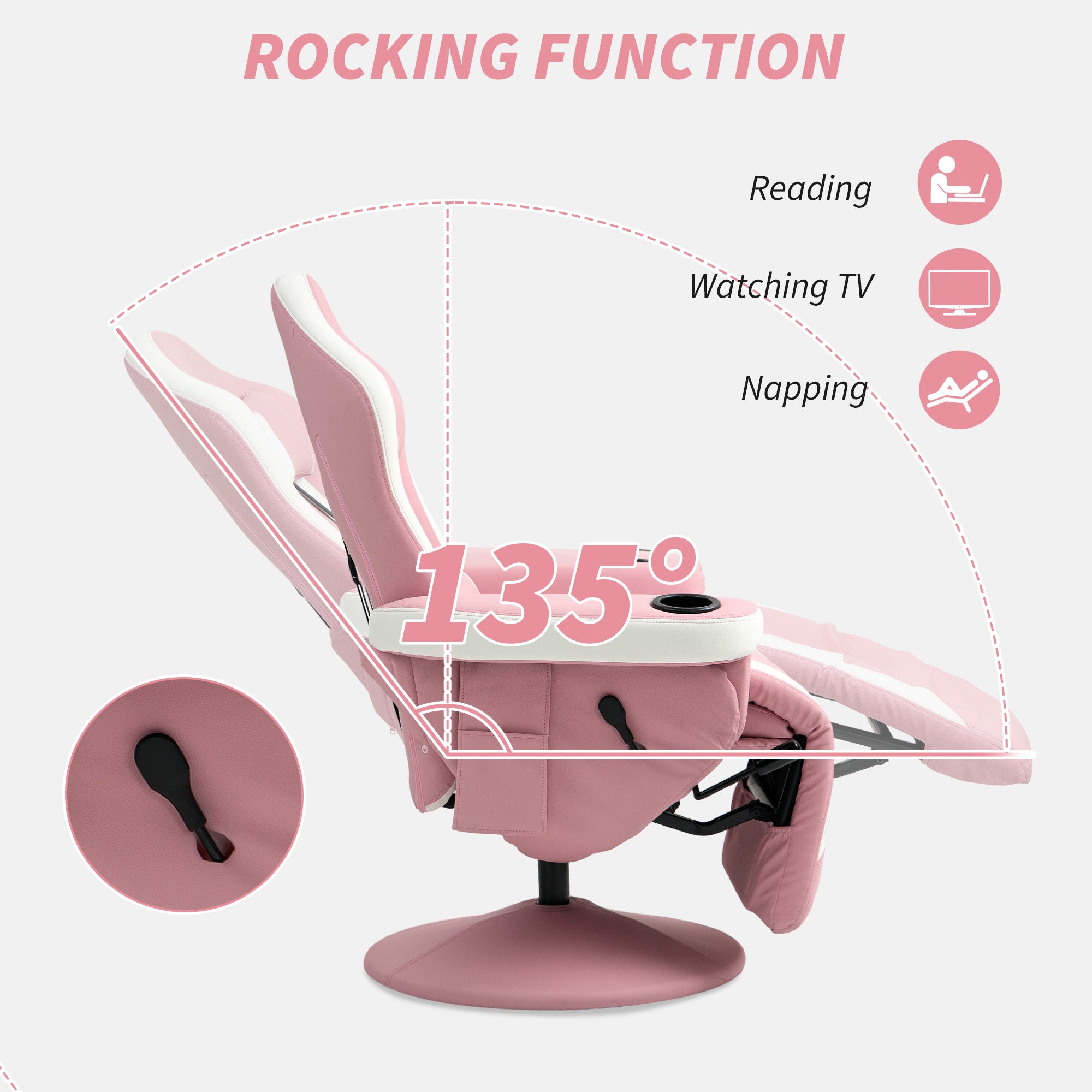 HOMCOM Manual Recliner Armchair PU Leather Lounge Chair w Adjustable Leg Rest, 135\'c2\'b0 Reclining Function, 360\'c2\'b0 Swivel, Pink