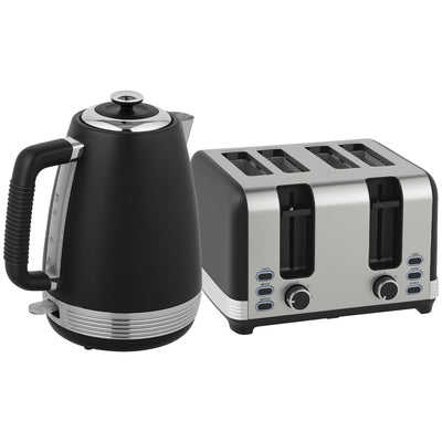 HOMCOM Stainless Steel Kettle and Toaster Set, 1.7L 3000W Rapid Boil Jug Kettle with UK Strix Thermostat, Limescale Filter, 4 Slice Toaster with 7 Browning Controls, Crumb Tray, Black and Silver Tone 