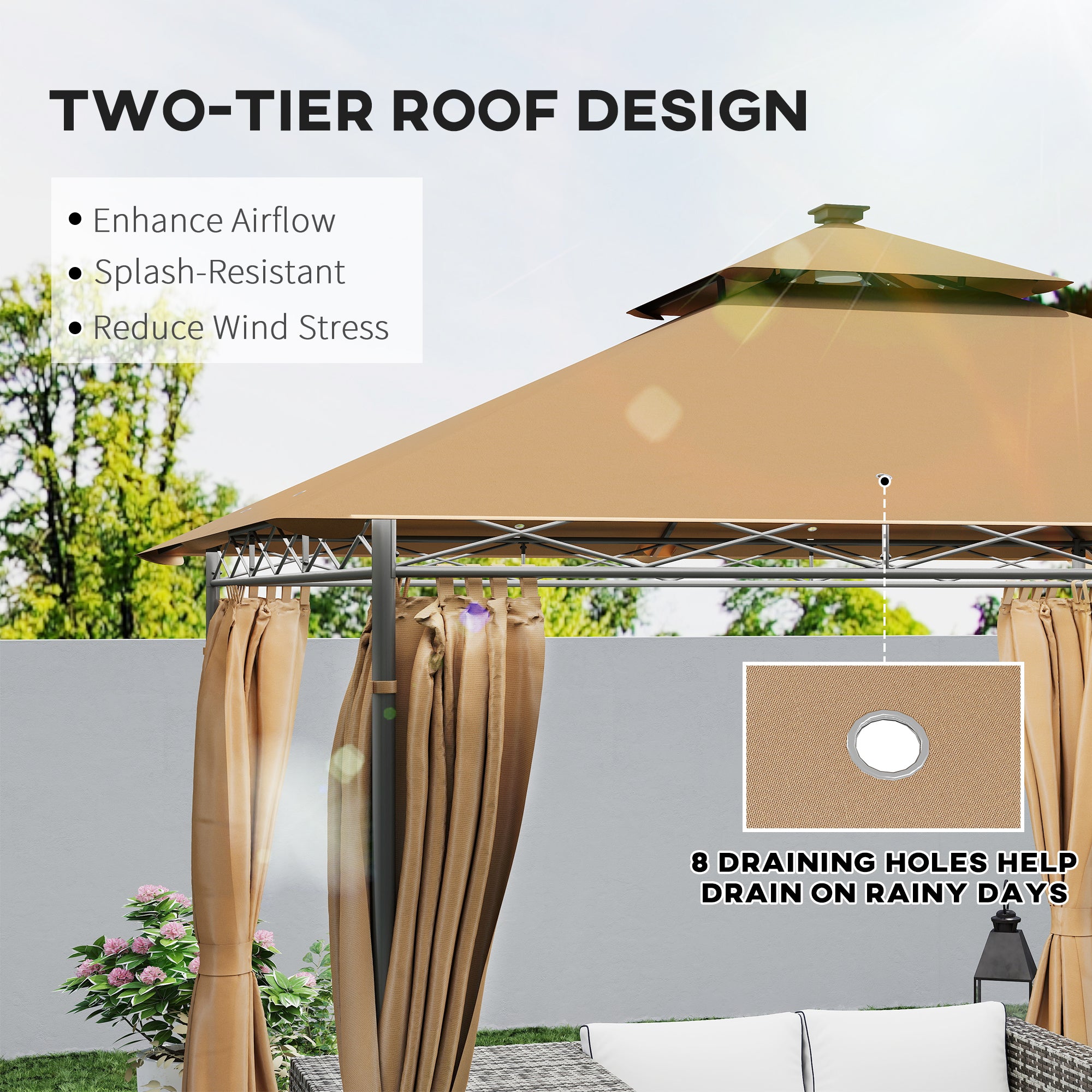 Outsunny 3 x 3 m Garden Gazebo, Double Roof Metal Gazebo with Curtains and Solar-Powered LED Lights, Outdoor Gazebo Canopy Shelter for Patio, Deck, Brown