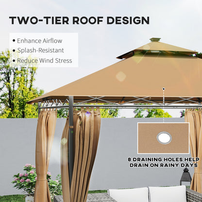 Outsunny 3 x 3 m Garden Gazebo, Double Roof Metal Gazebo with Curtains and Solar-Powered LED Lights, Outdoor Gazebo Canopy Shelter for Patio, Deck, Brown